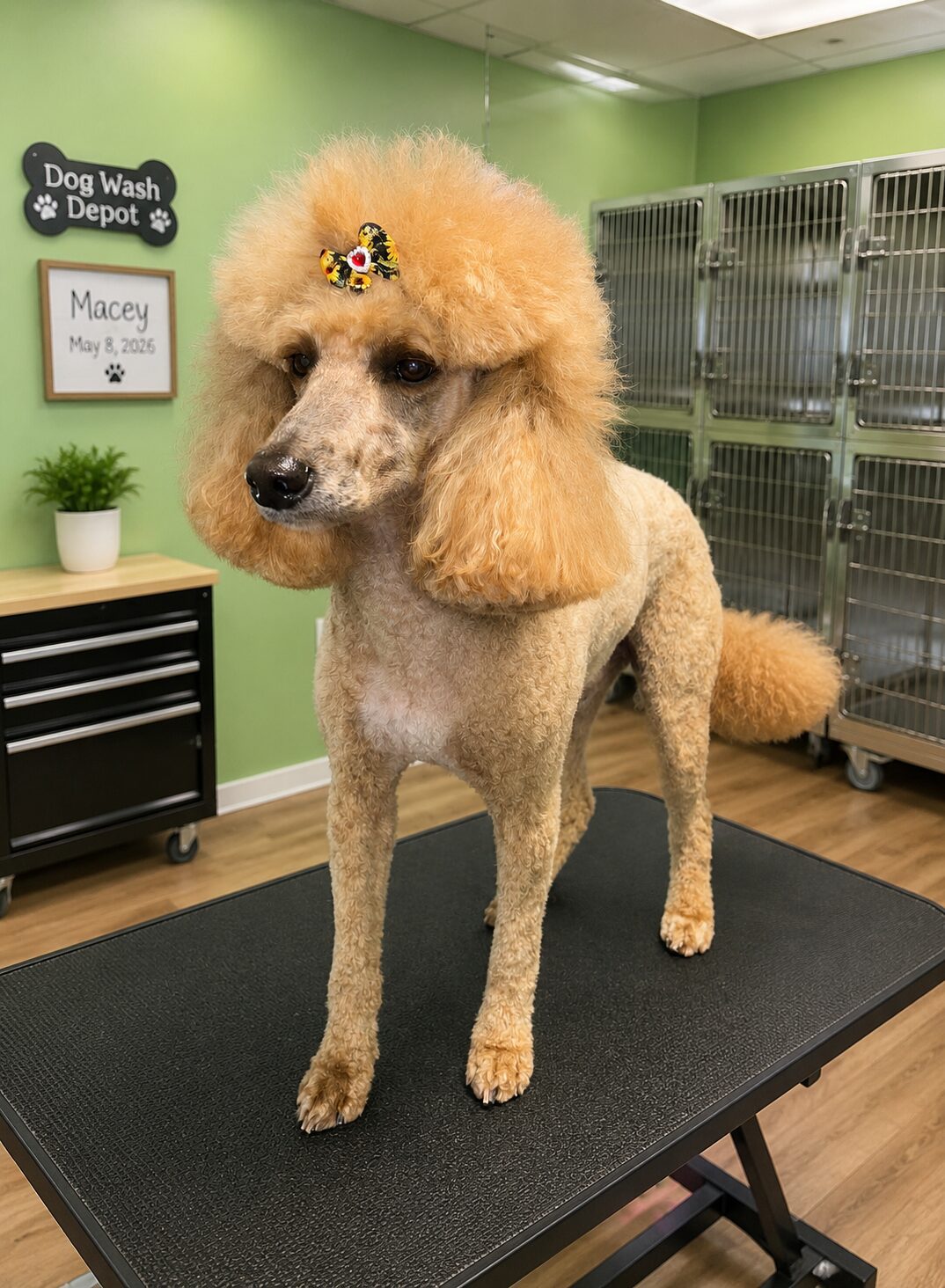 Groomed apricot poodle with floral bow