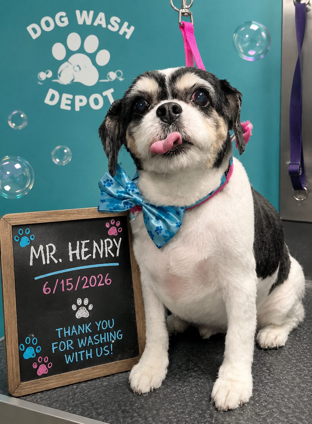 Groomed dog wearing blue bow tie