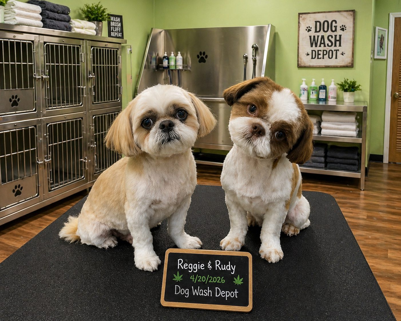Two groomed dogs sitting on grooming table