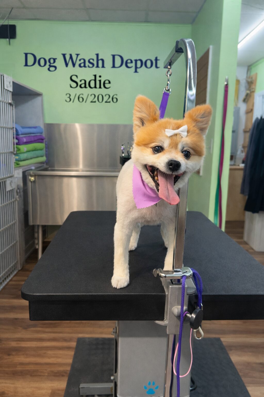 Smiling groomed dog with purple bandana