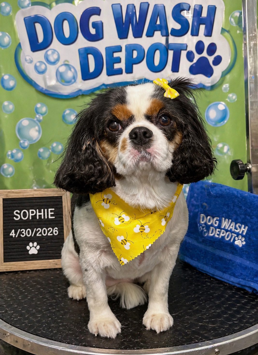Groomed dog wearing yellow bandana at wash