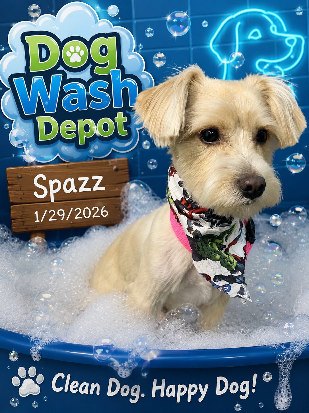 Small tan dog wearing bandana in bubble bath