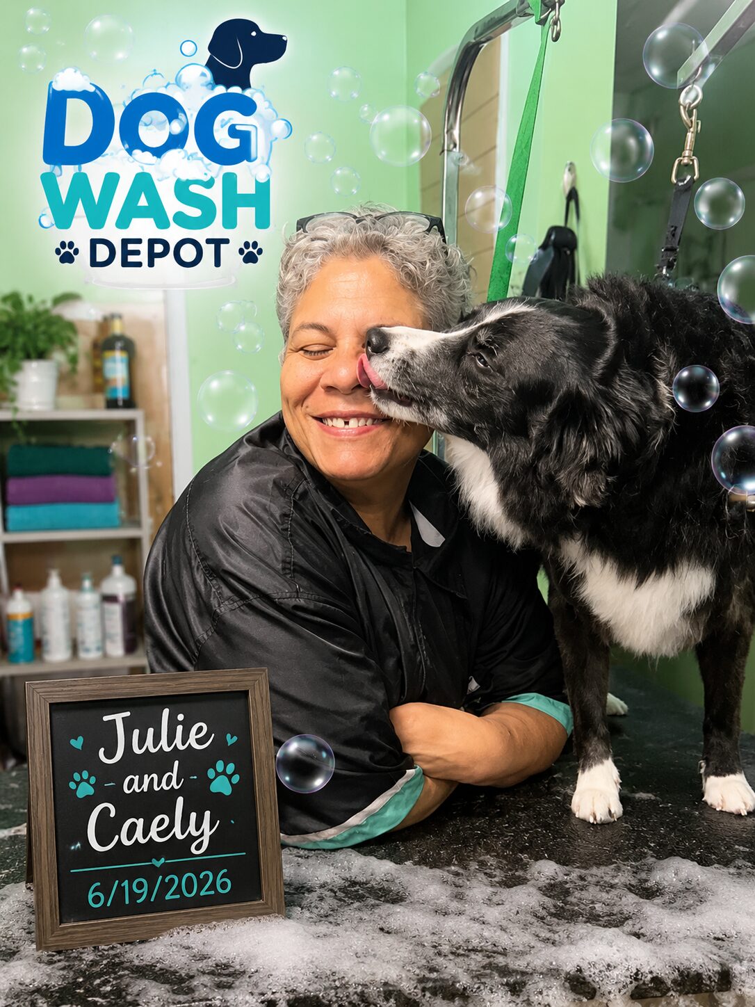 Dog licking smiling woman at dog wash